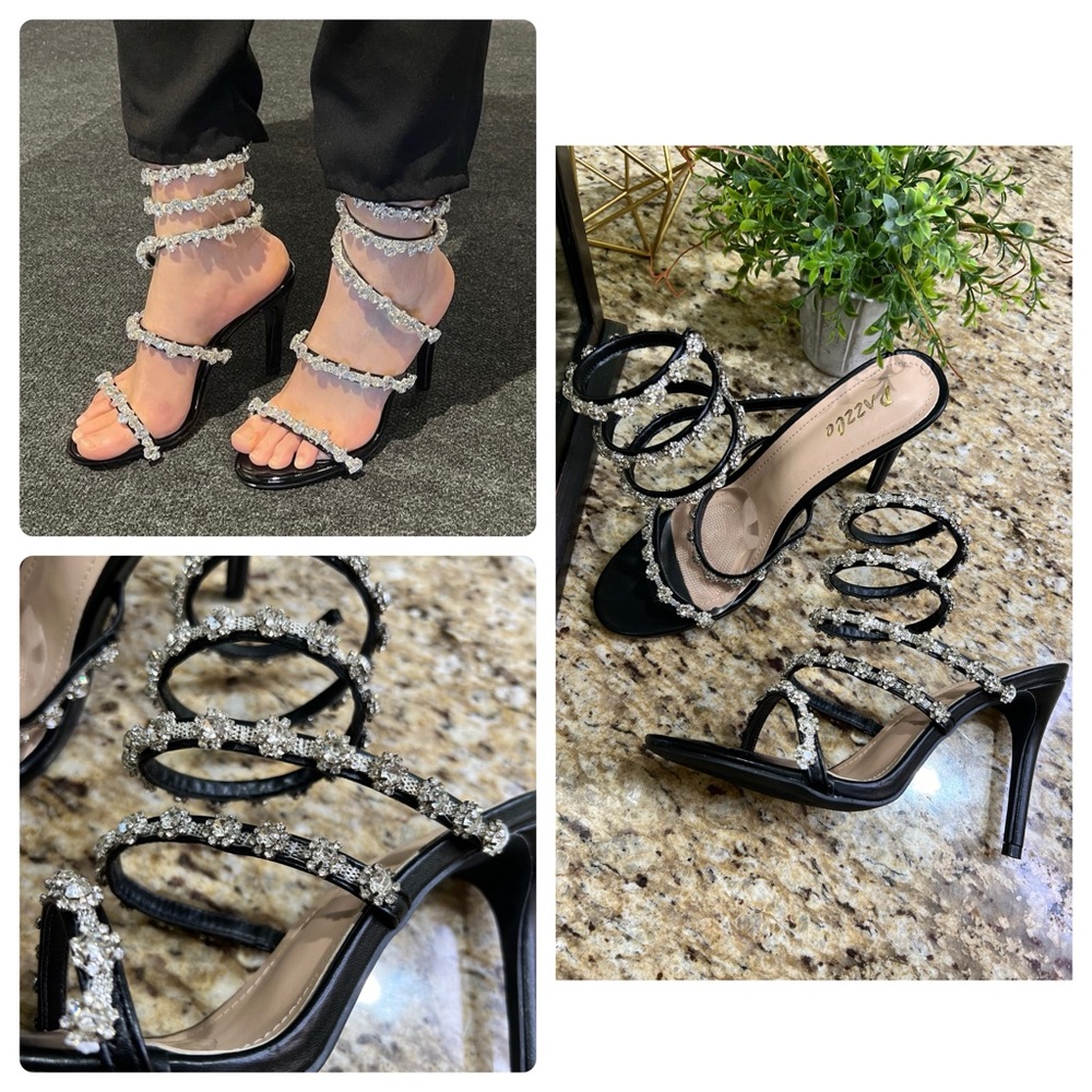 Pazzle Rhinestone Crystal Black/Silver Ankle Wrap High Heel Sandals